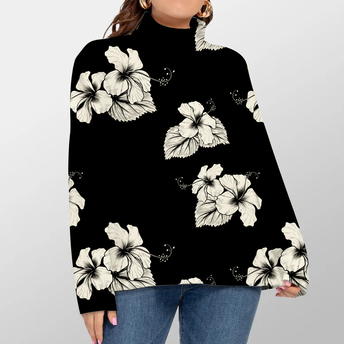 Black Hawaiian Hibiscus Turtleneck Sweater