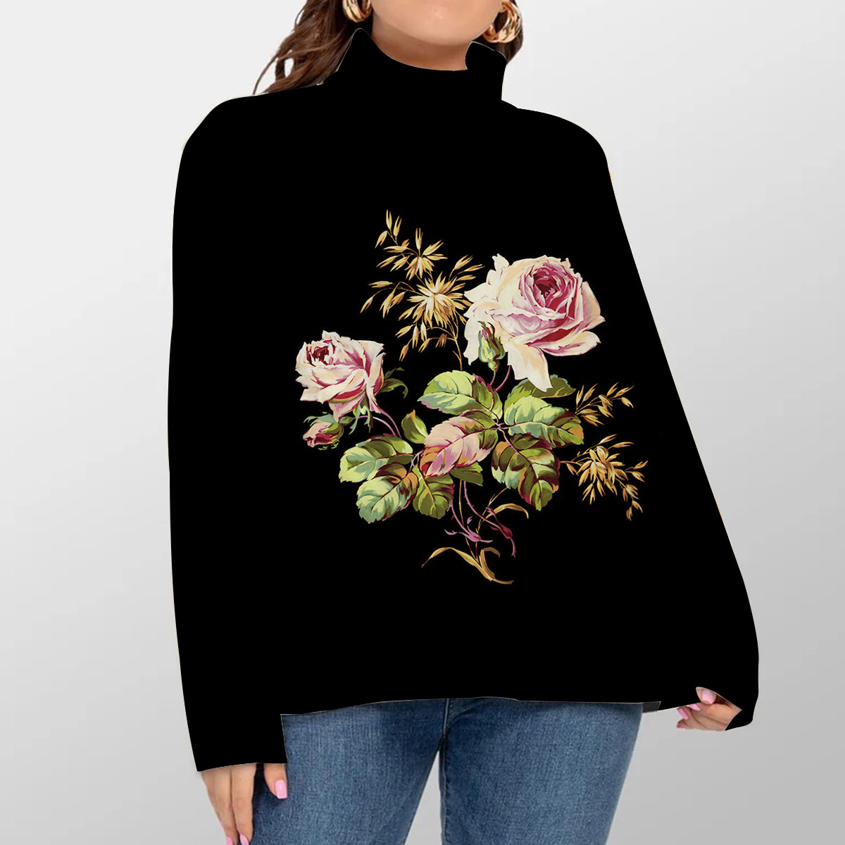 Black Peony Flower Turtleneck Sweater