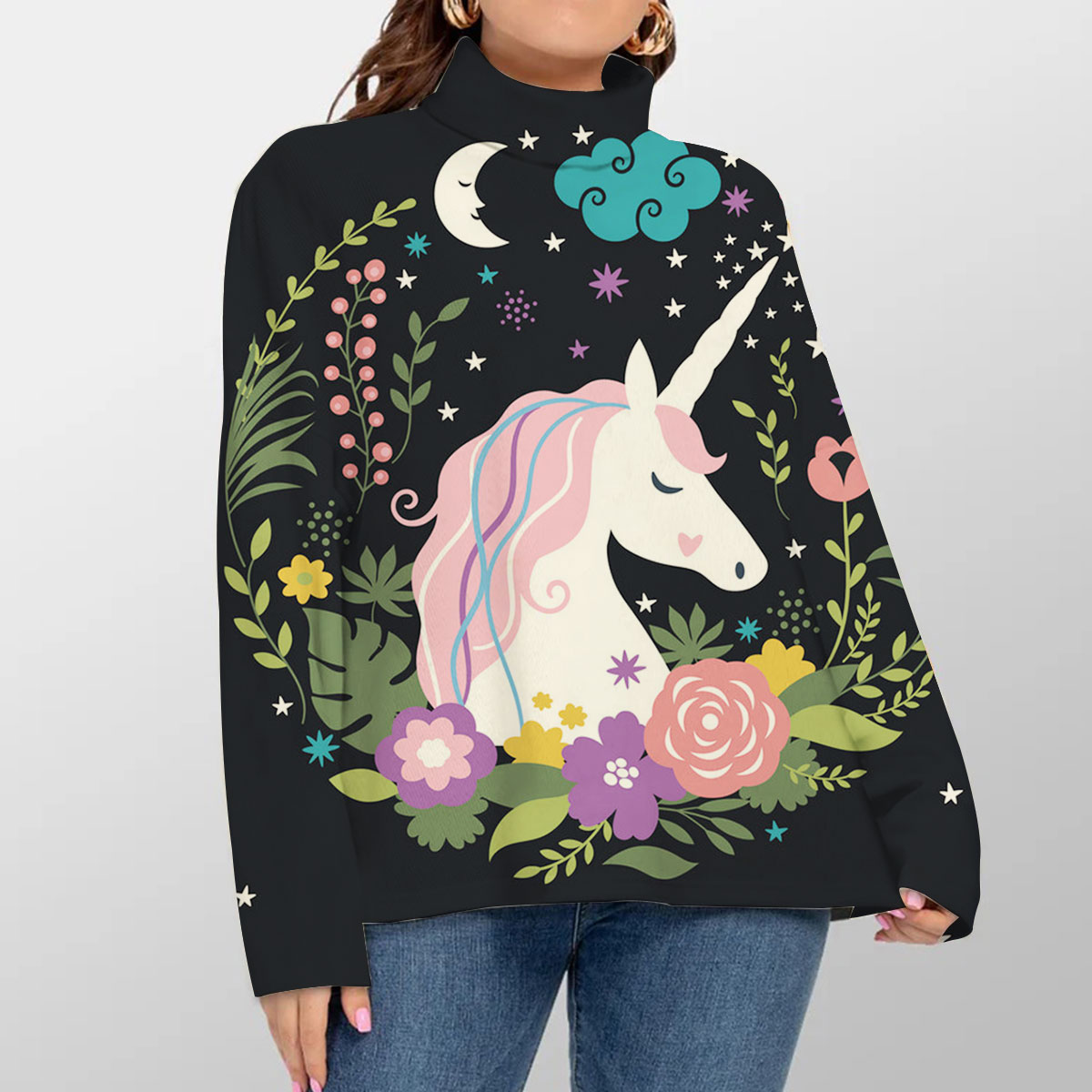 Black Unicorn Flower Turtleneck Sweater