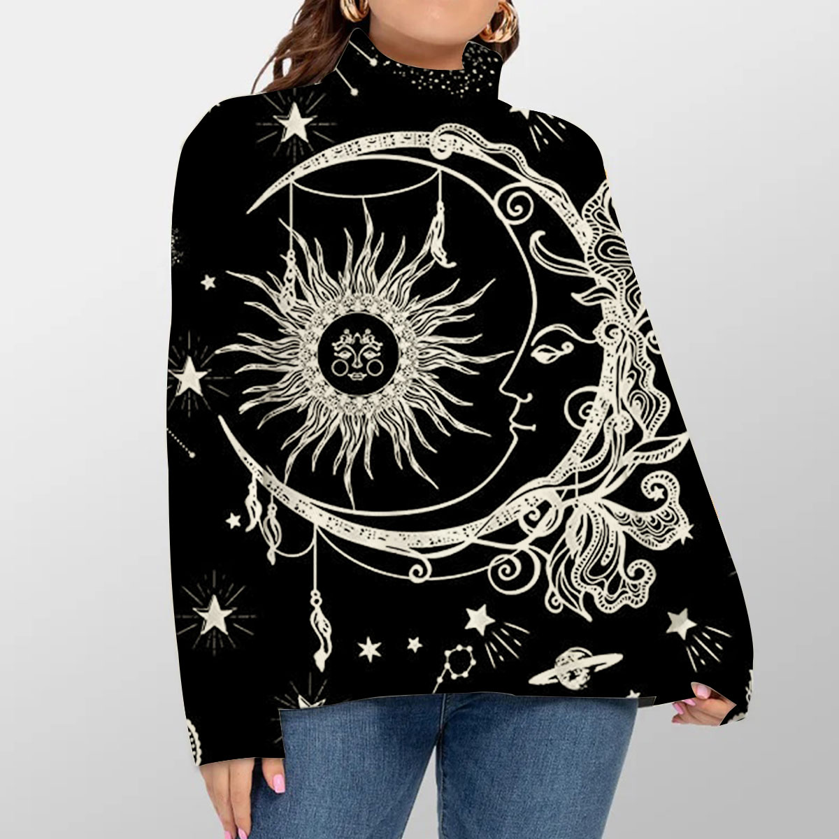 Black White Bohemian Sun Moon Turtleneck Sweater