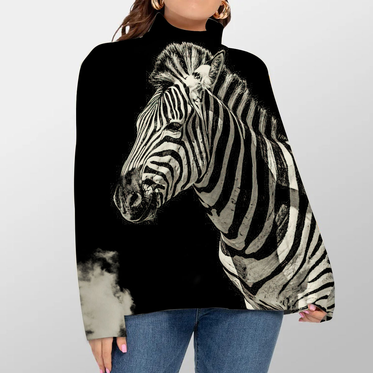 Black Wild Zebra Turtleneck Sweater