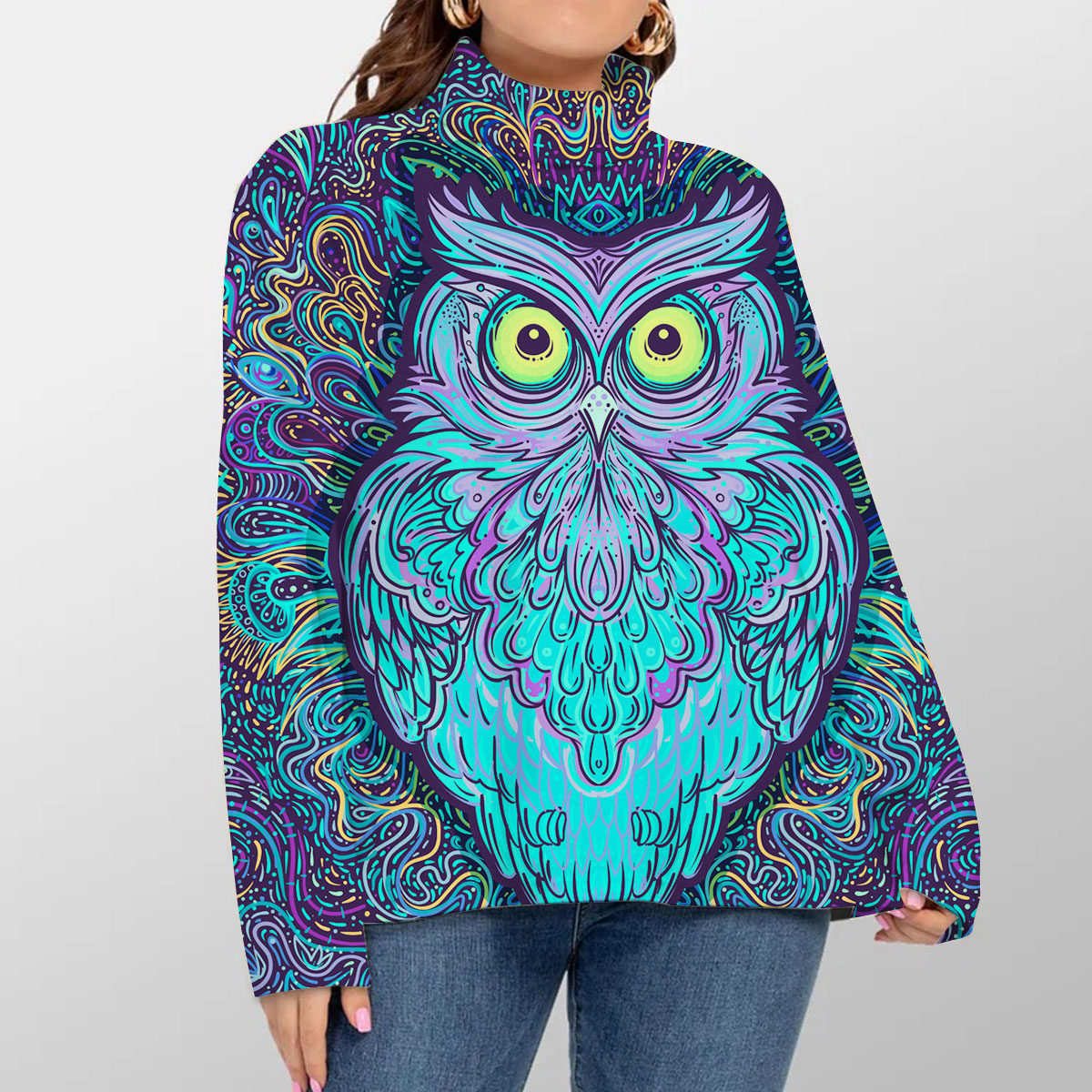 Blue Abstract Owl Turtleneck Sweater