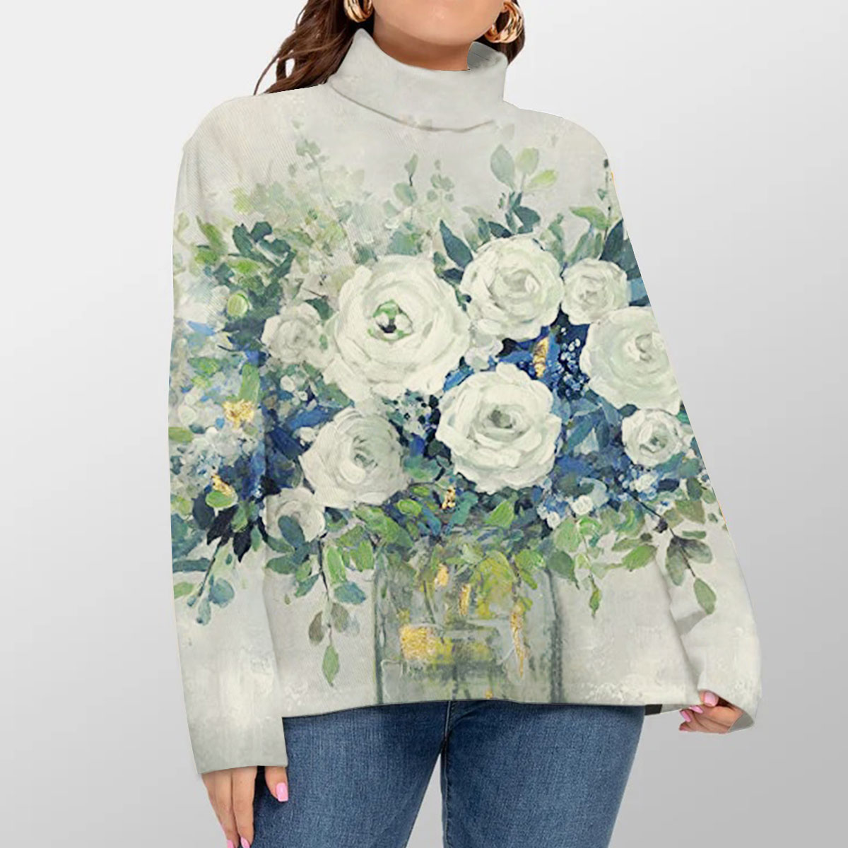 Blue And White Floral Turtleneck Sweater