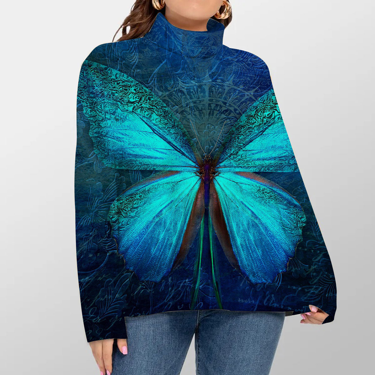 Blue Butterfly Turtleneck Sweater