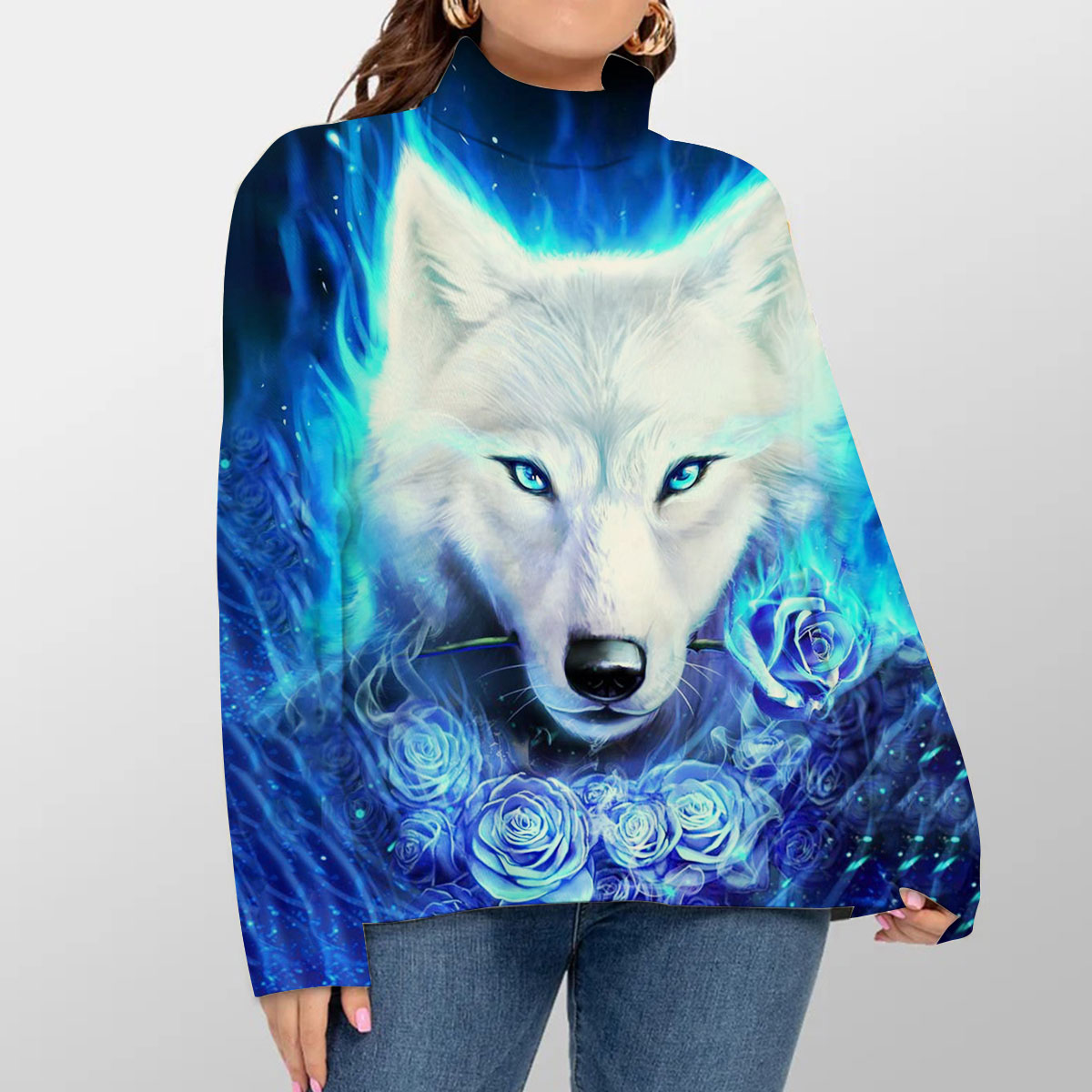 Blue Flower Wolf Turtleneck Sweater
