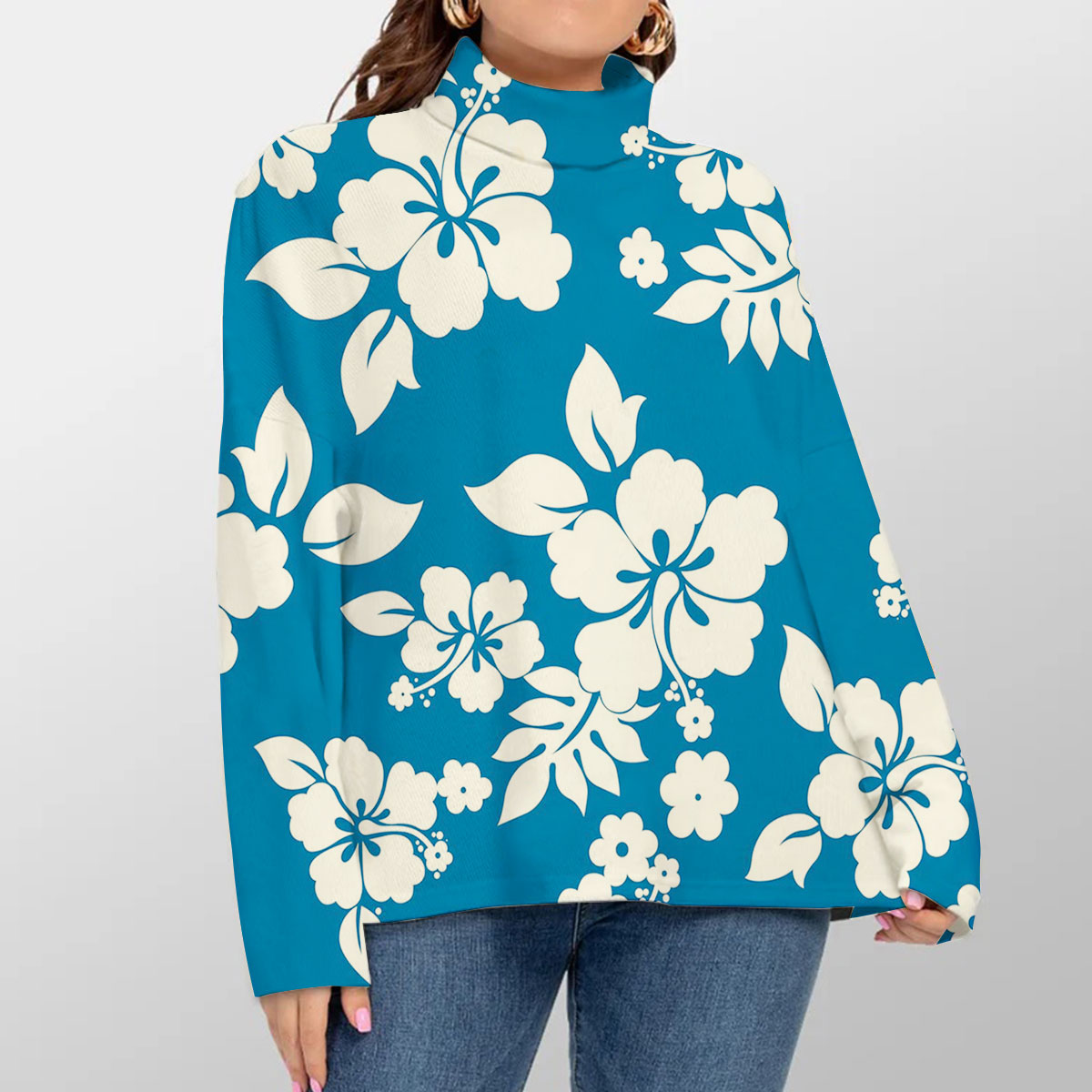 Blue Hawaii Hibiscus Turtleneck Sweater