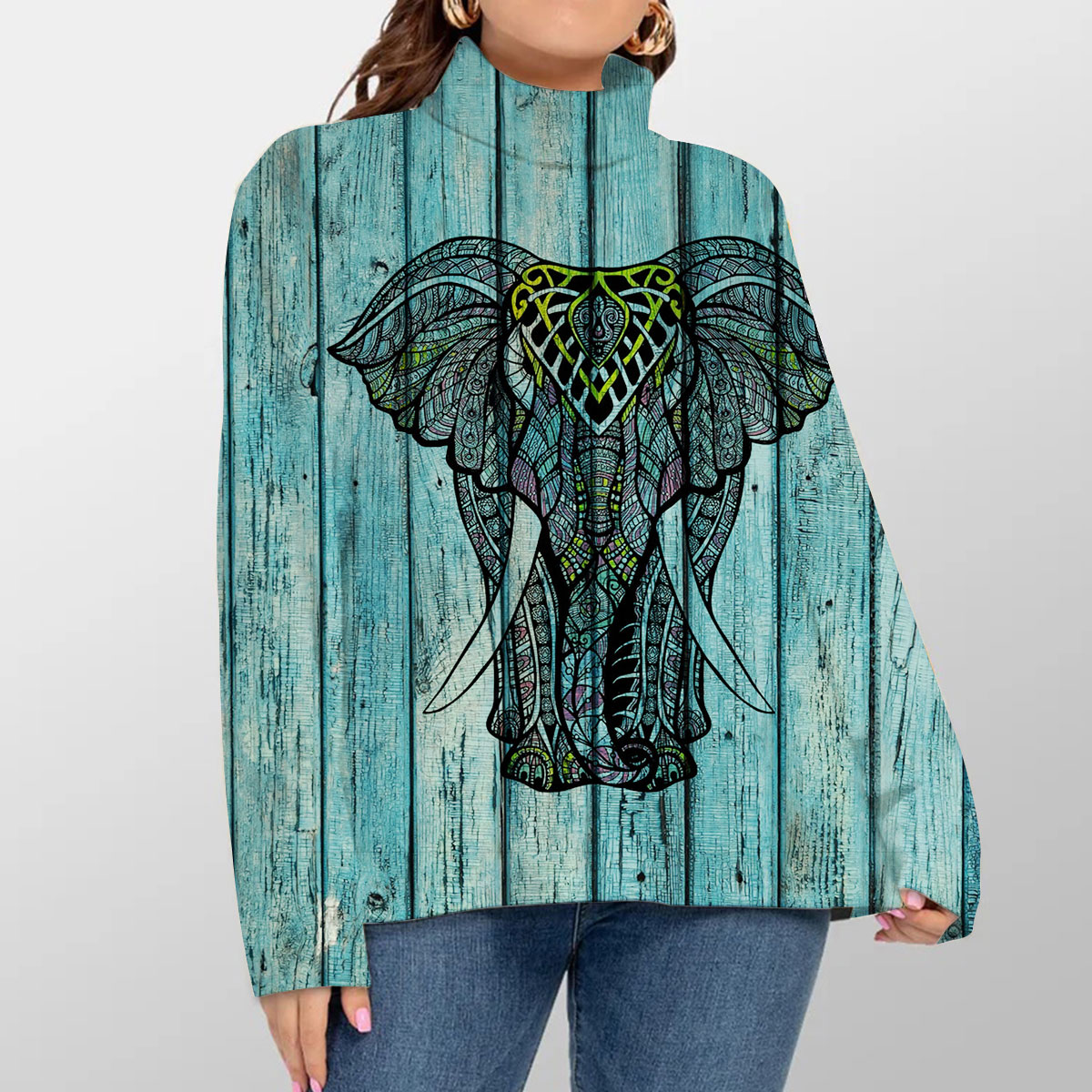 Blue Mandala Elephant Turtleneck Sweater