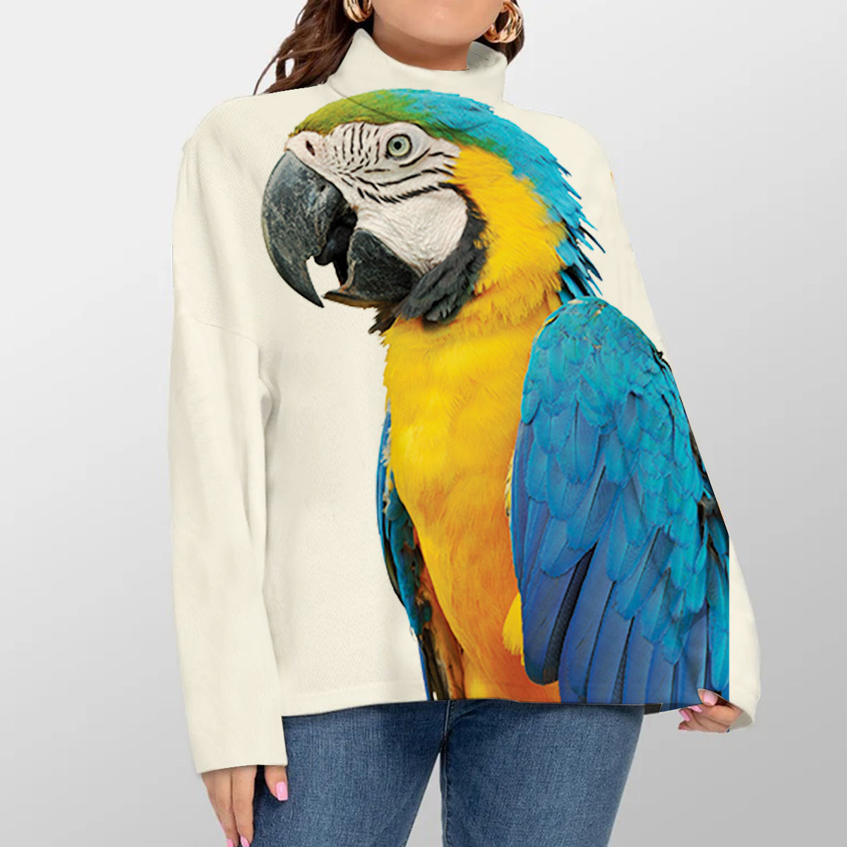 Blue Orange Parrot Turtleneck Sweater