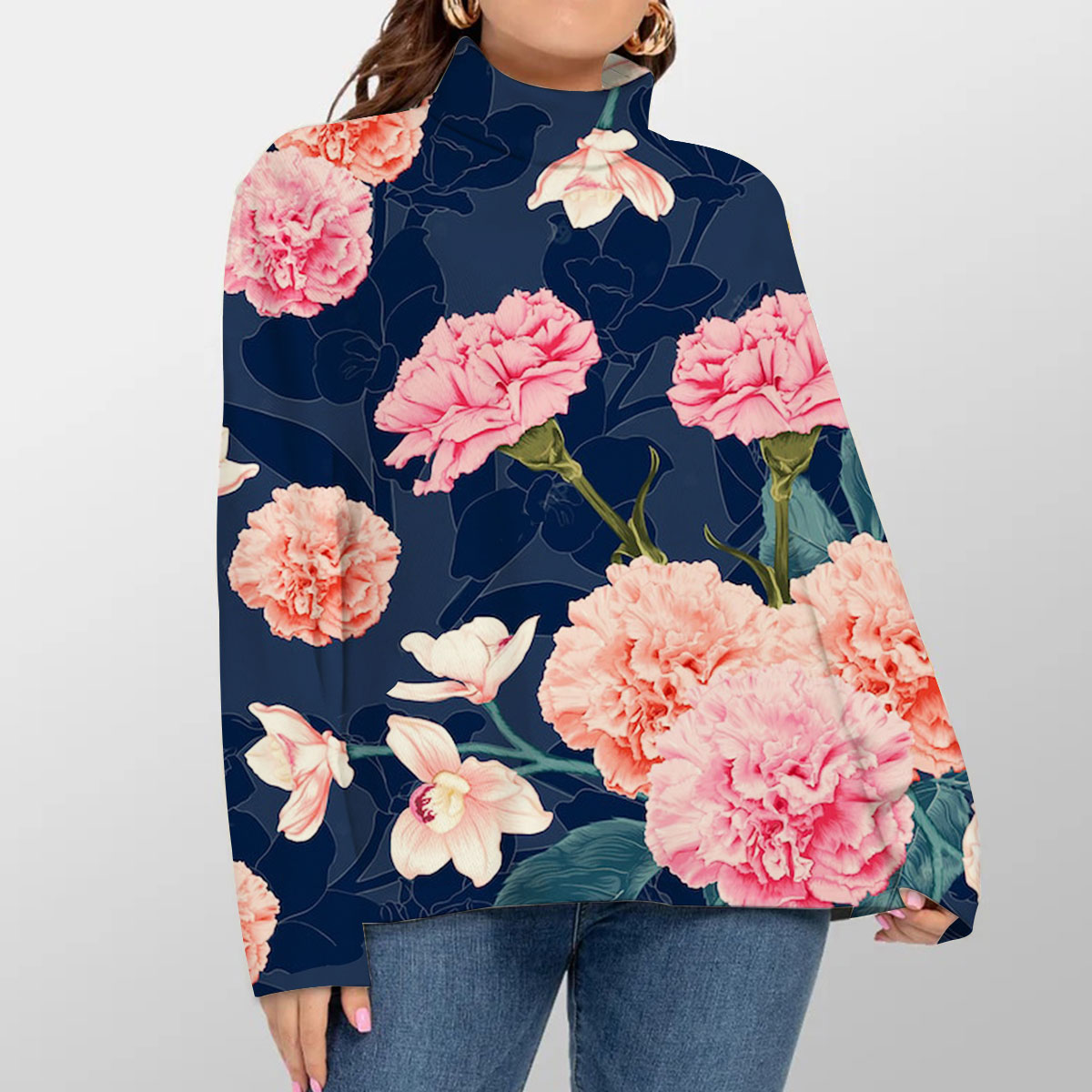 Blue Pink Carnations Turtleneck Sweater