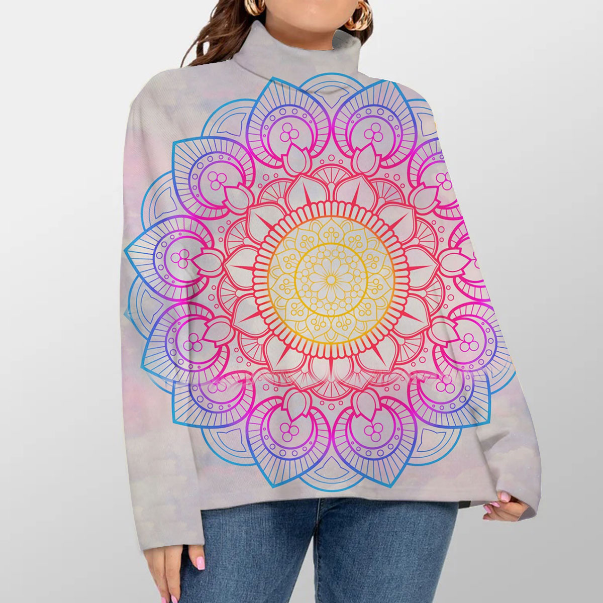 Blue and White Mandala Turtleneck Sweater