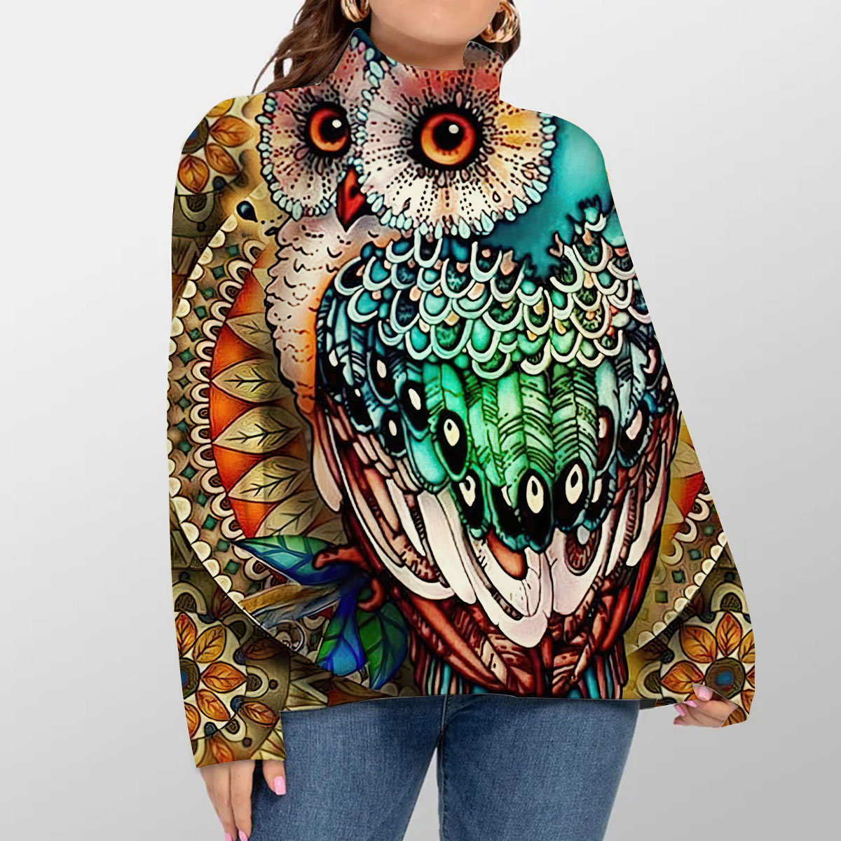 Boho Owl Turtleneck Sweater