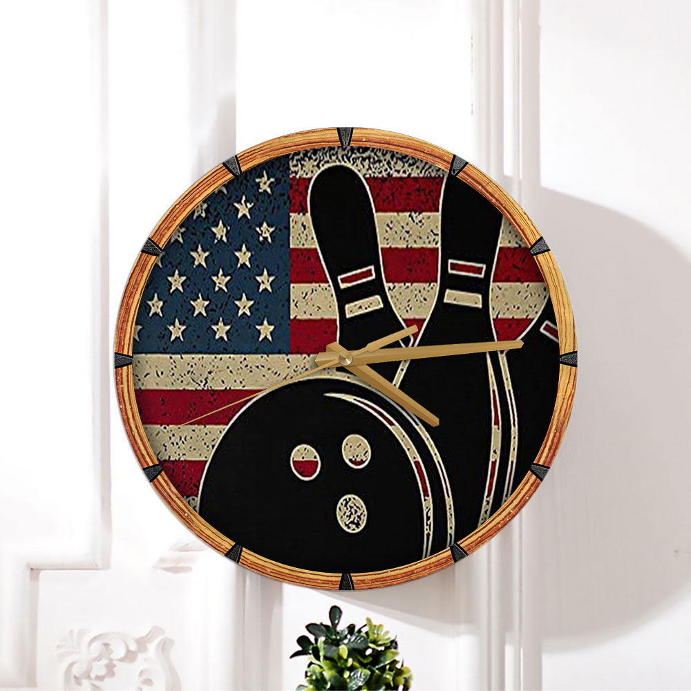 American Flag Black Bowling Wall Clock