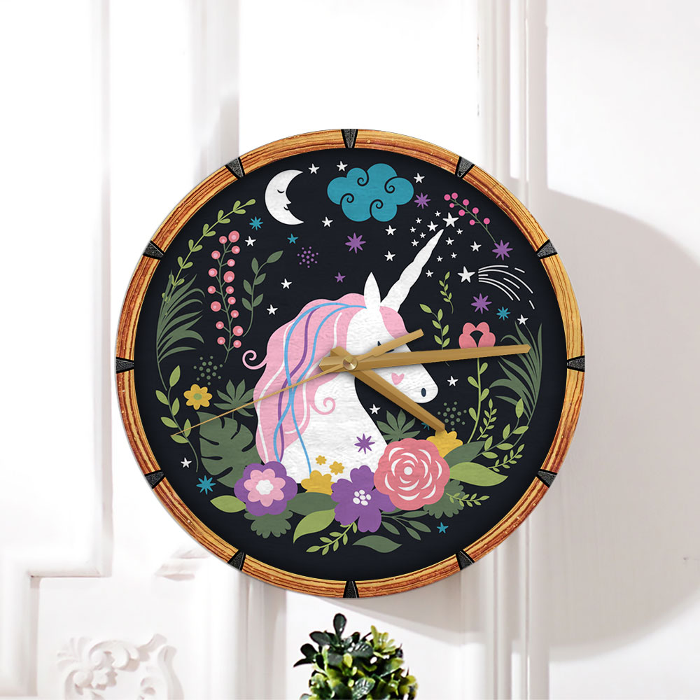 Black Unicorn Flower Wall Clock