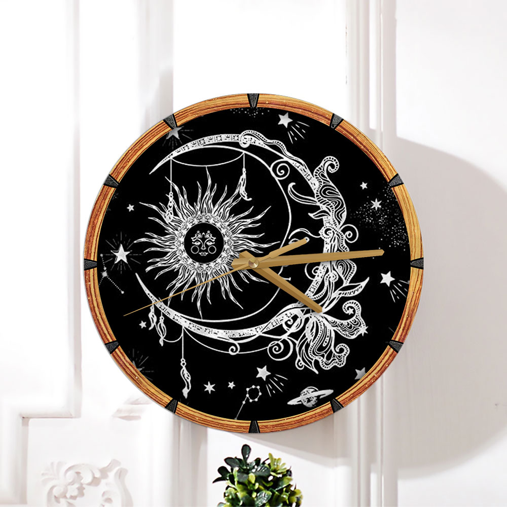 Black White Bohemian Sun Moon Wall Clock