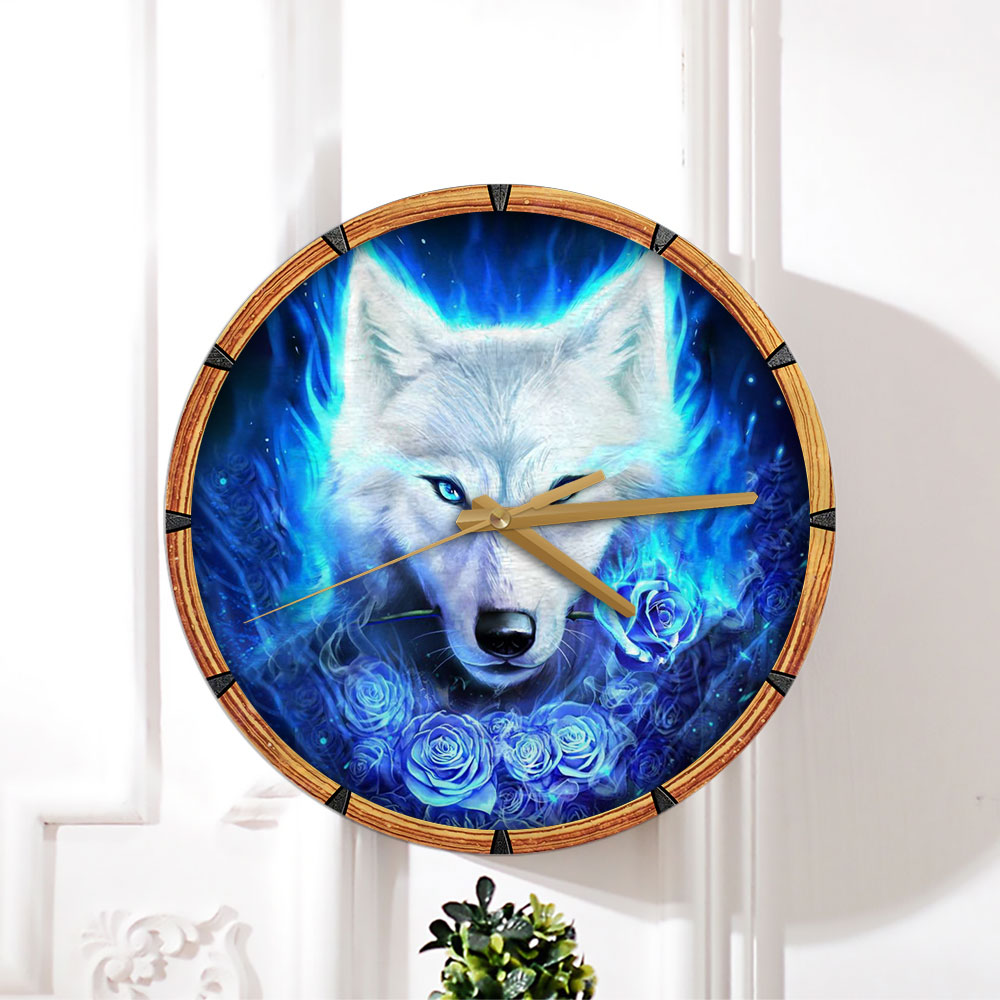Blue Flower Wolf Wall Clock