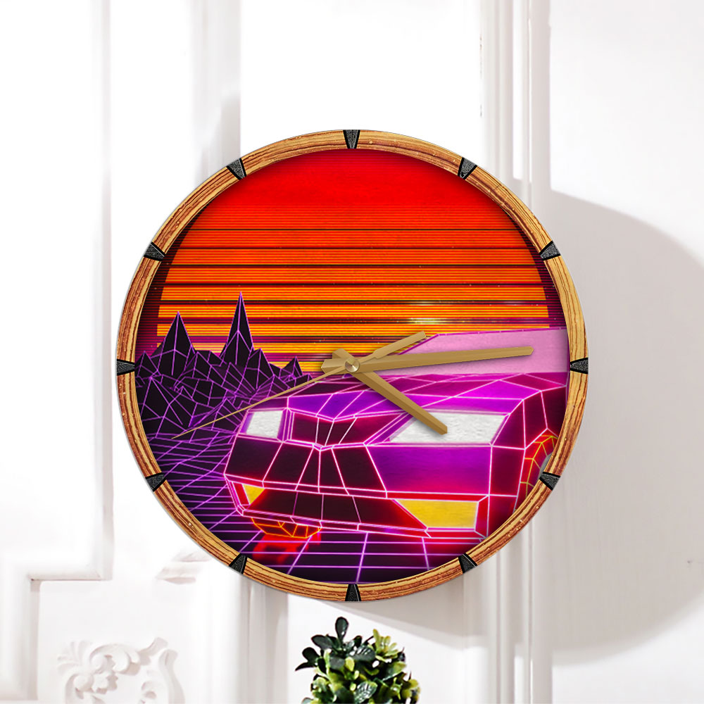 Retro Car In The Sunset Wall Clock