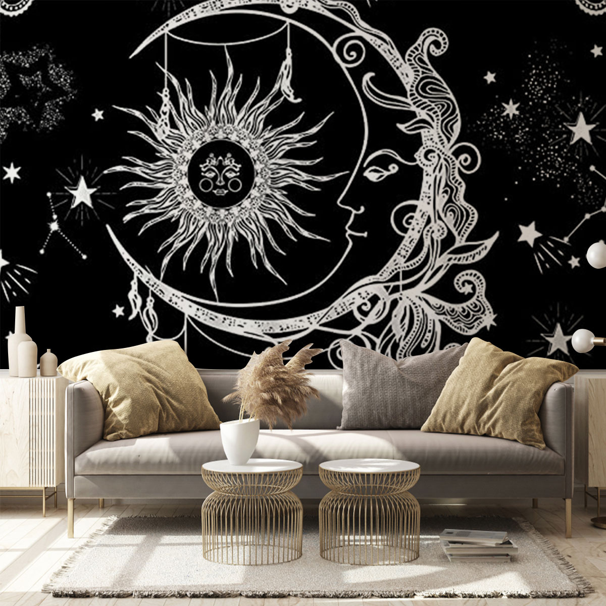 Black White Bohemian Sun Moon Wall Mural