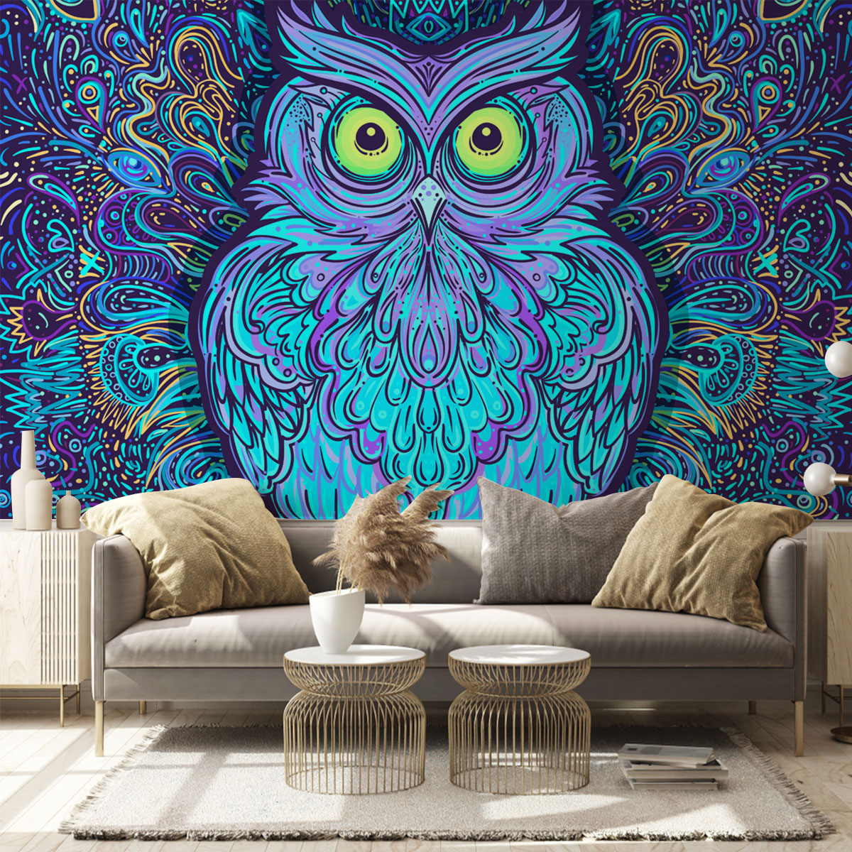 Blue Abstract Owl Wall Mural