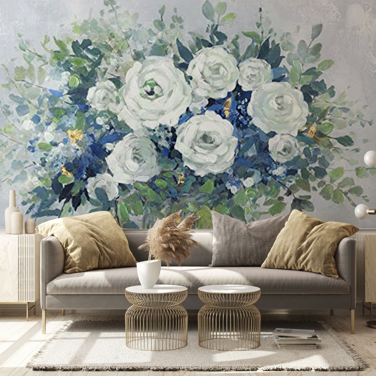 Blue And White Floral Wall Mural