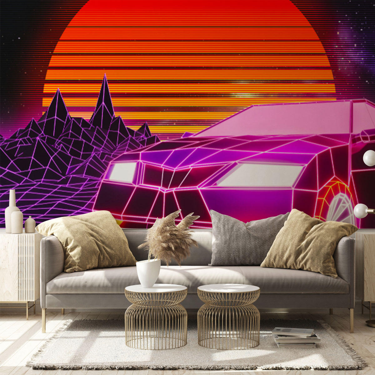 Retro Car In The Sunset Wall Mural