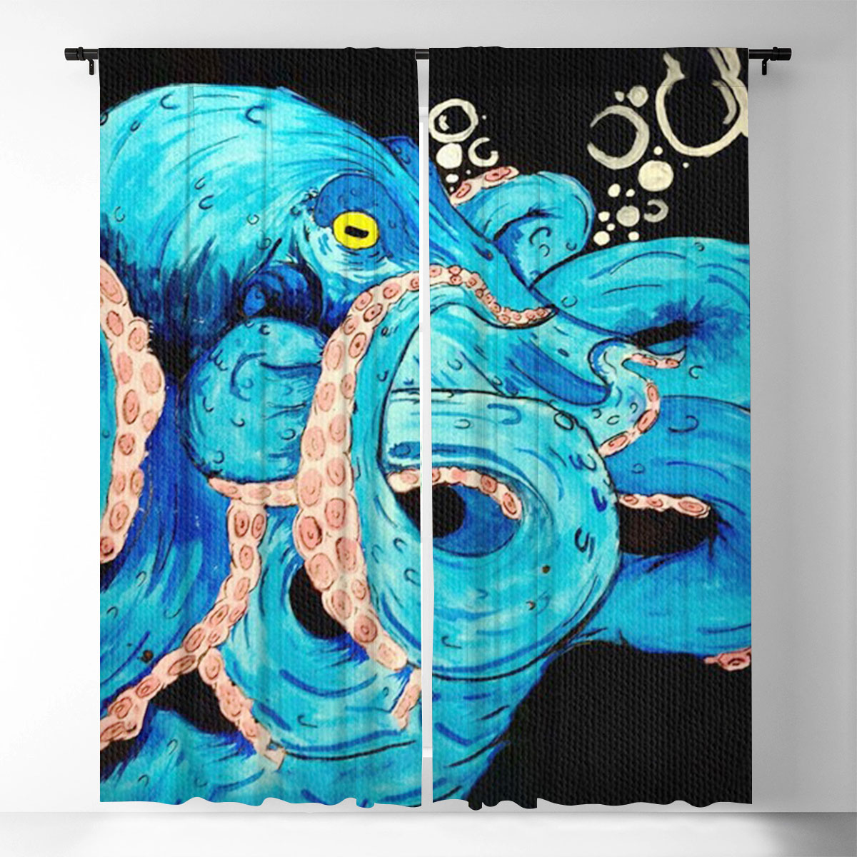Black Blue Octopus Window Curtain