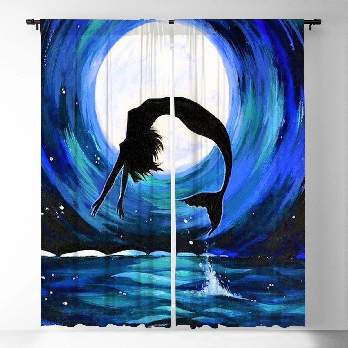 Black Mermaid And Moon Night Window Curtain