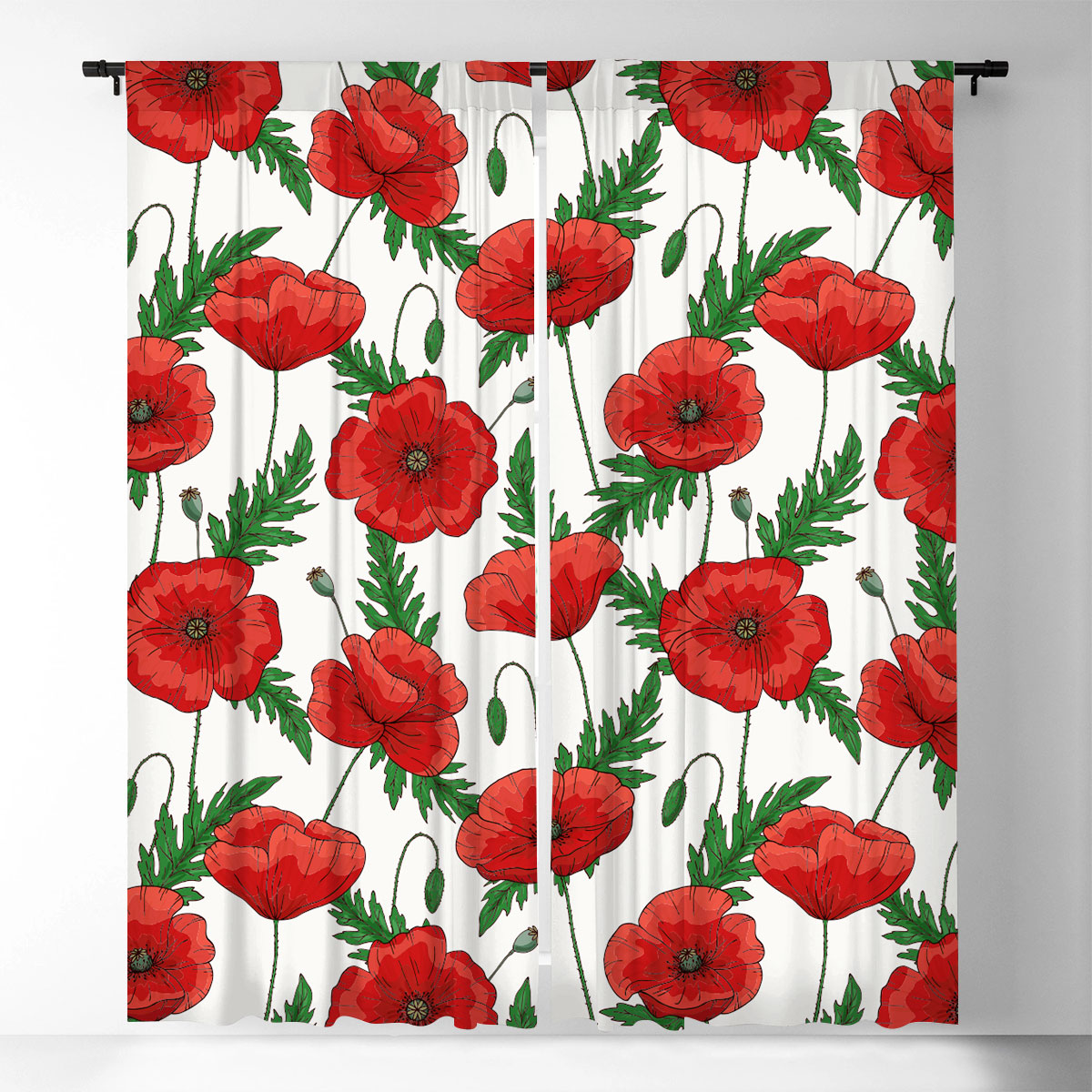 Red Poppies Flower Window Curtain
