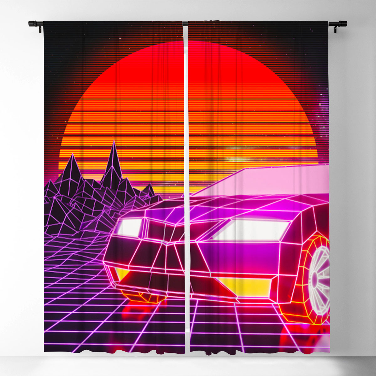 Retro Car In The Sunset Window Curtain