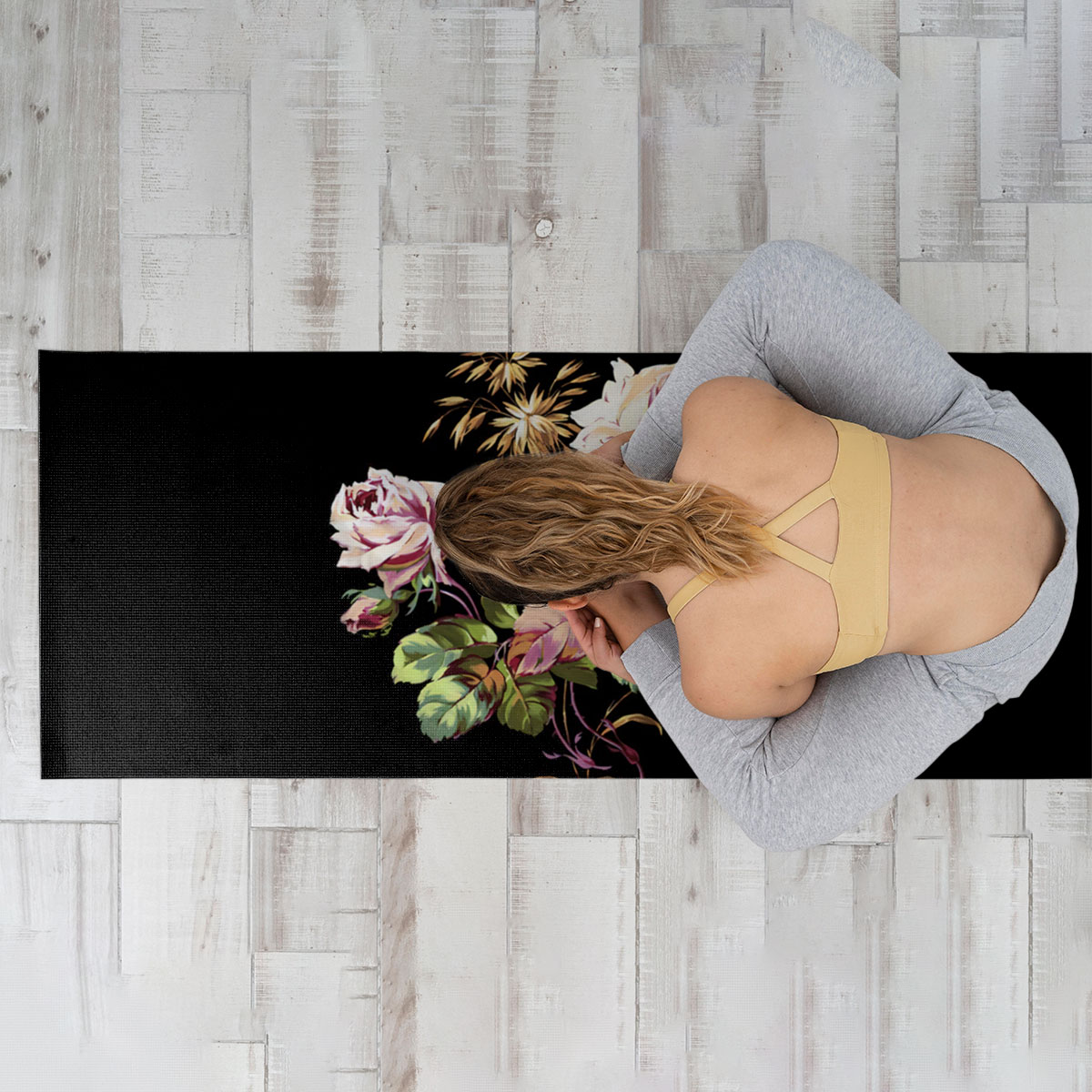 Black Peony Flower Yoga Mat