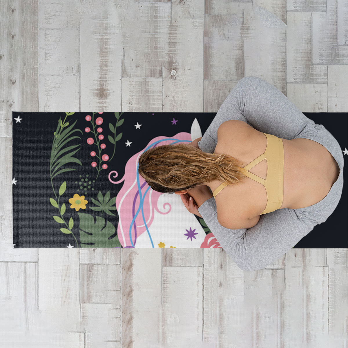 Black Unicorn Flower Yoga Mat