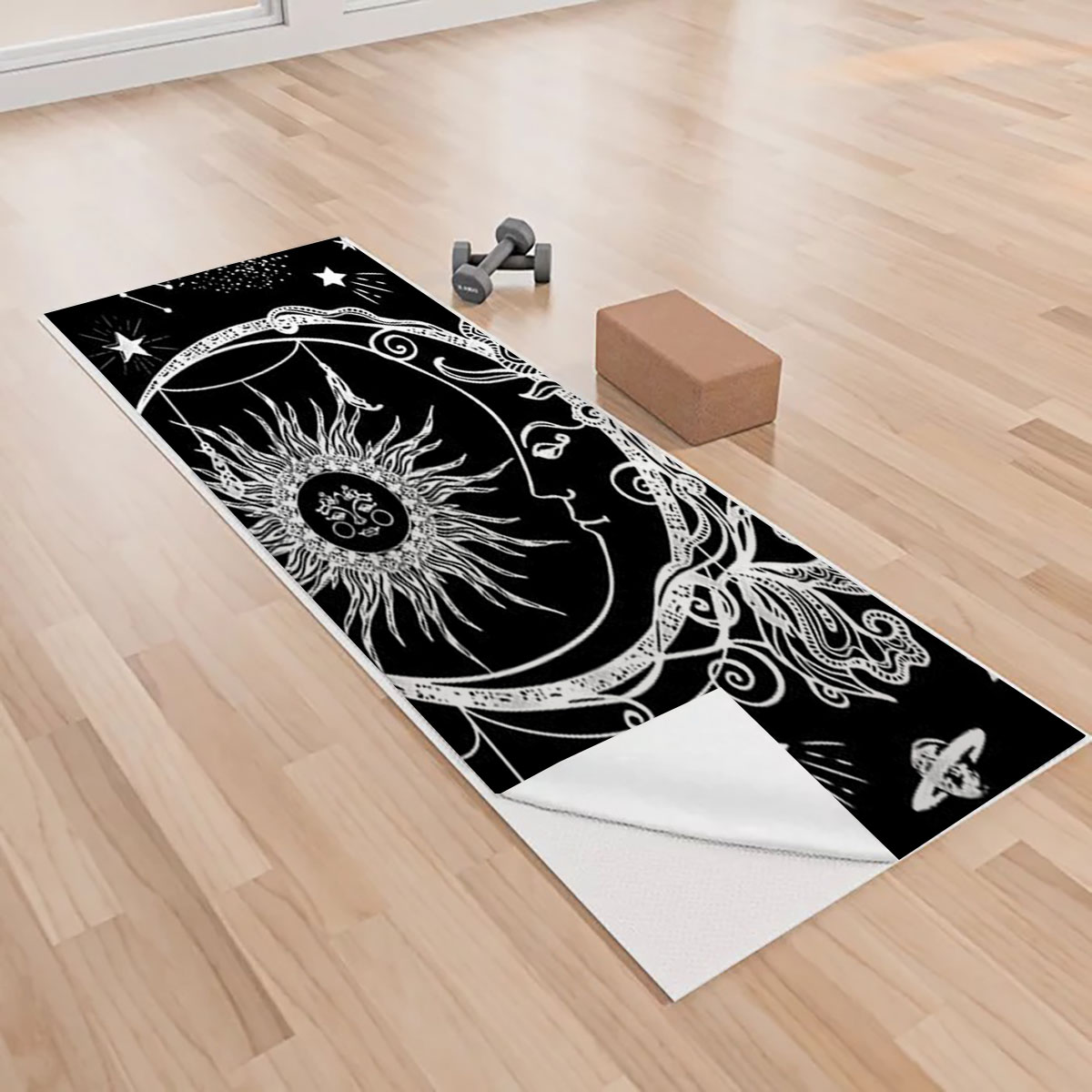 Black White Bohemian Sun Moon Yoga Towels