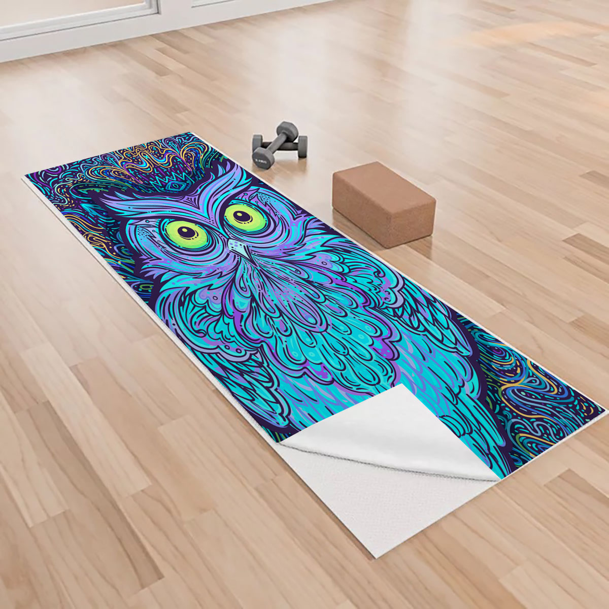 Blue Abstract Owl Yoga Towels
