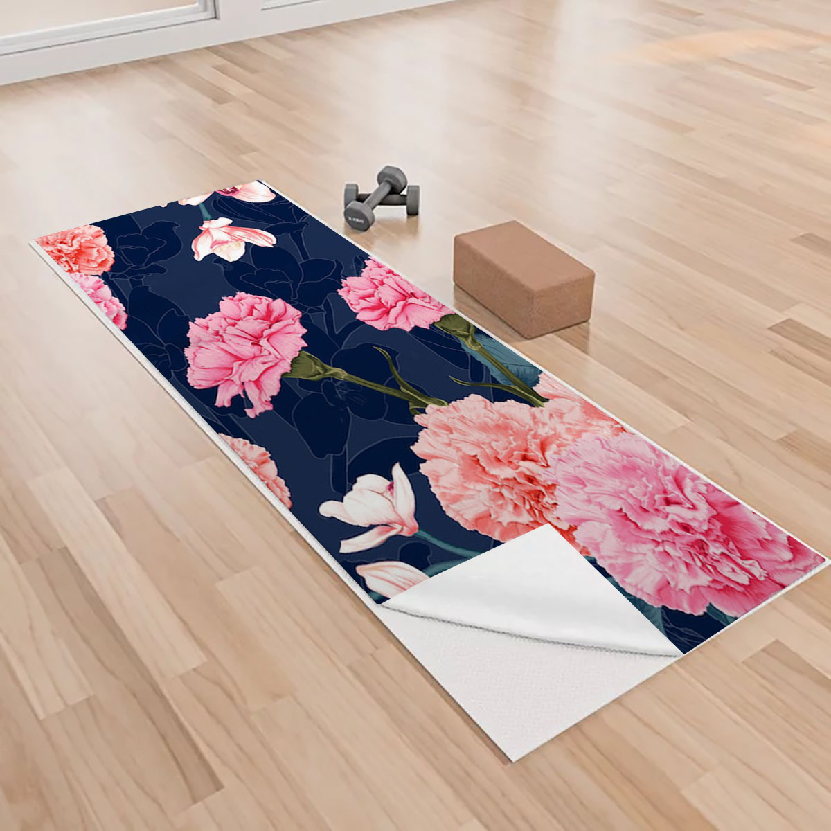 Blue Pink Carnations Yoga Towels