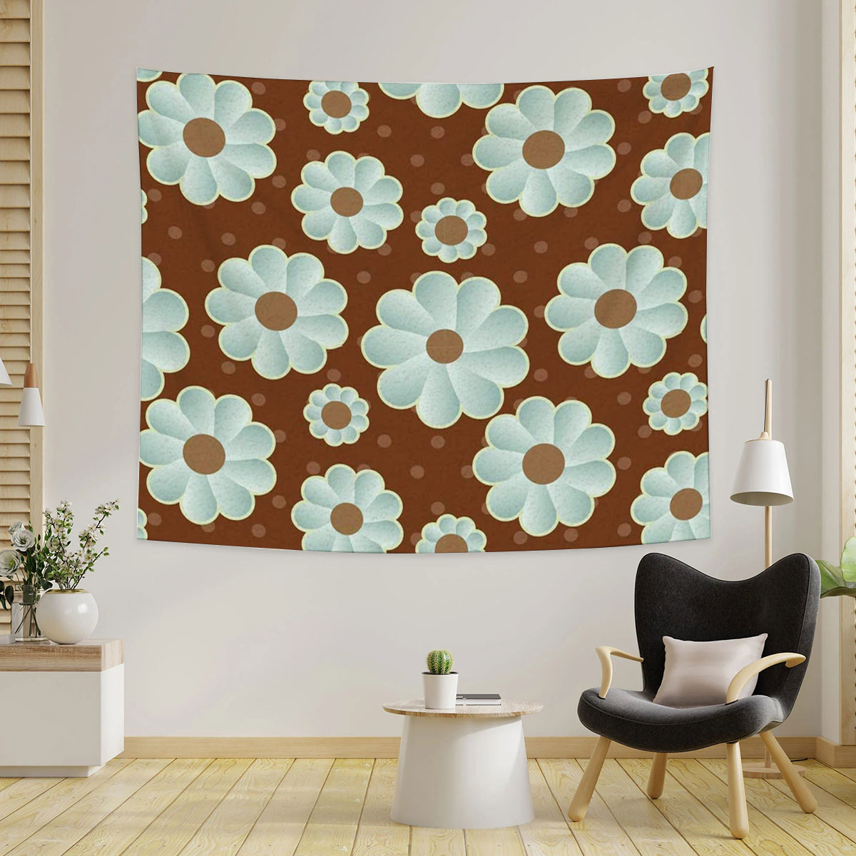 Brown And Blue Retro Daisy Tapestry