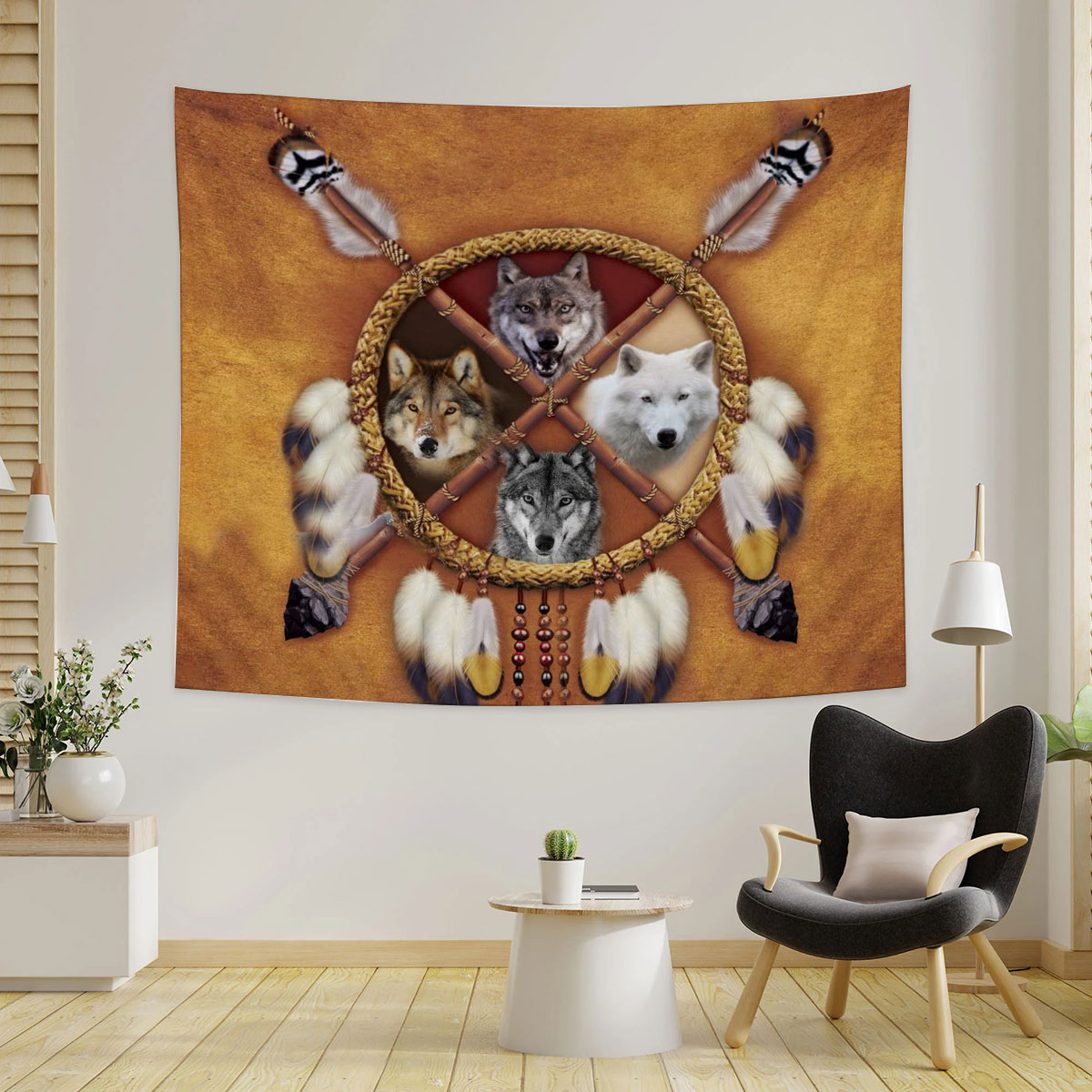 Brown Wolf DreamCatcher Native American Tapestry