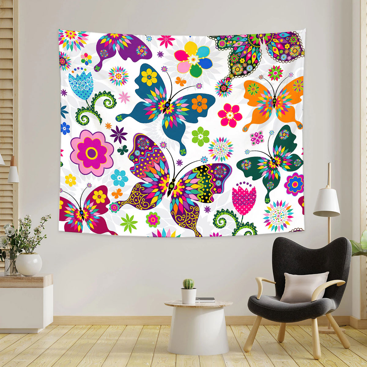 Colorful Butterfly Floral Tapestry