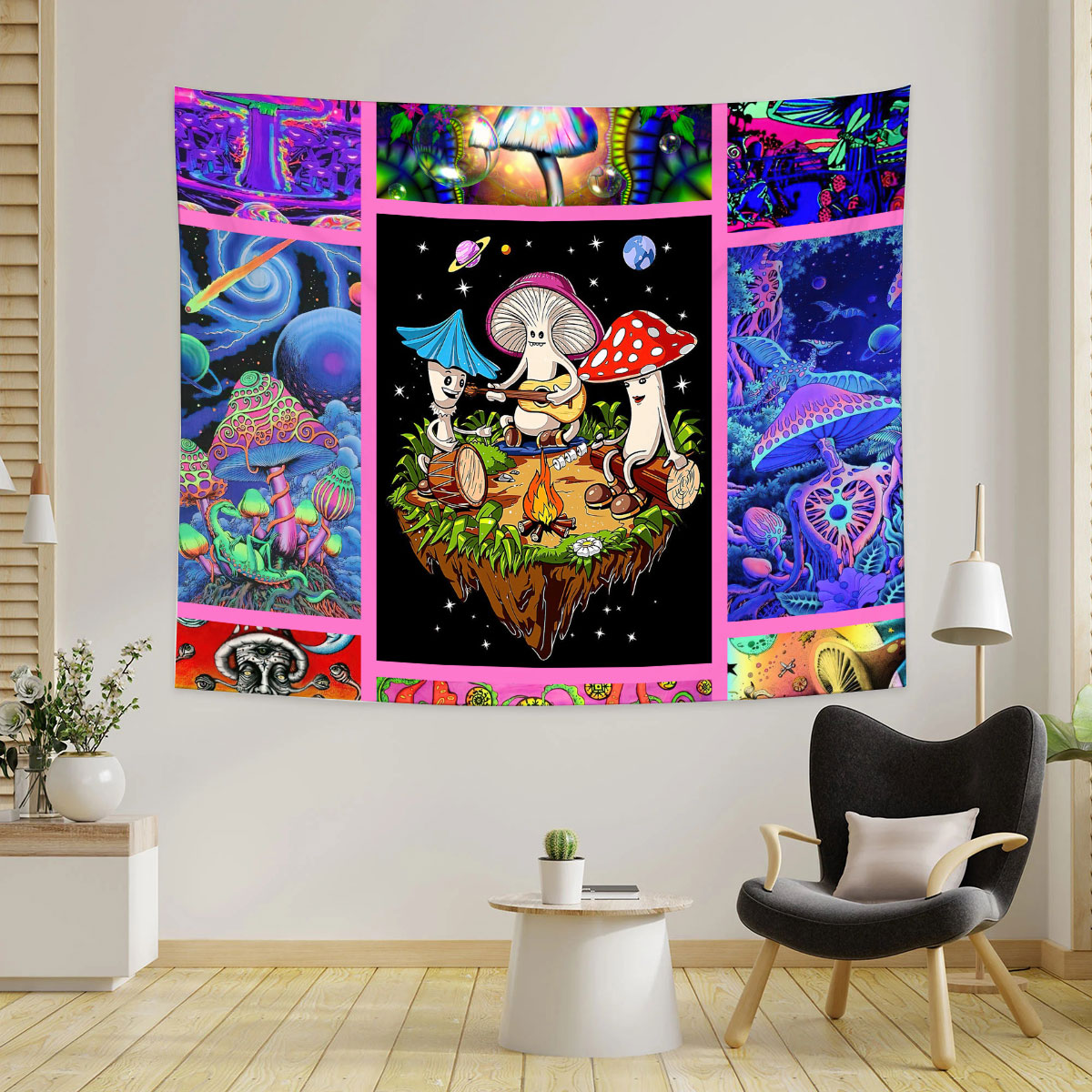 Colorful Hippie Mushroom Tapestry