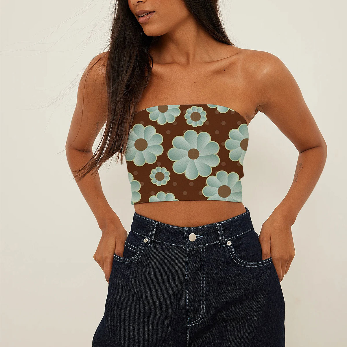 Brown And Blue Retro Daisy Tube Top