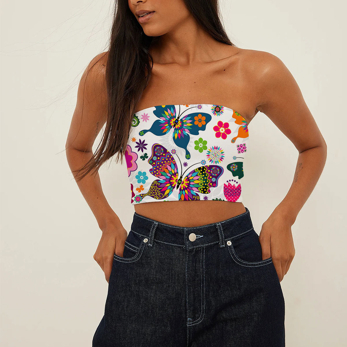 Colorful Butterfly Floral Tube Top