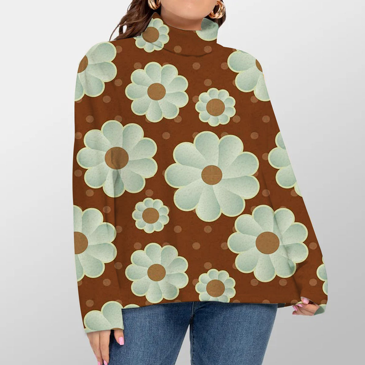 Brown And Blue Retro Daisy Turtleneck Sweater