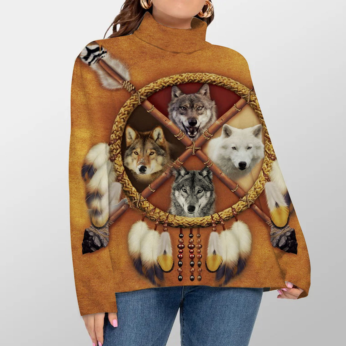 Brown Wolf DreamCatcher Native American Turtleneck Sweater