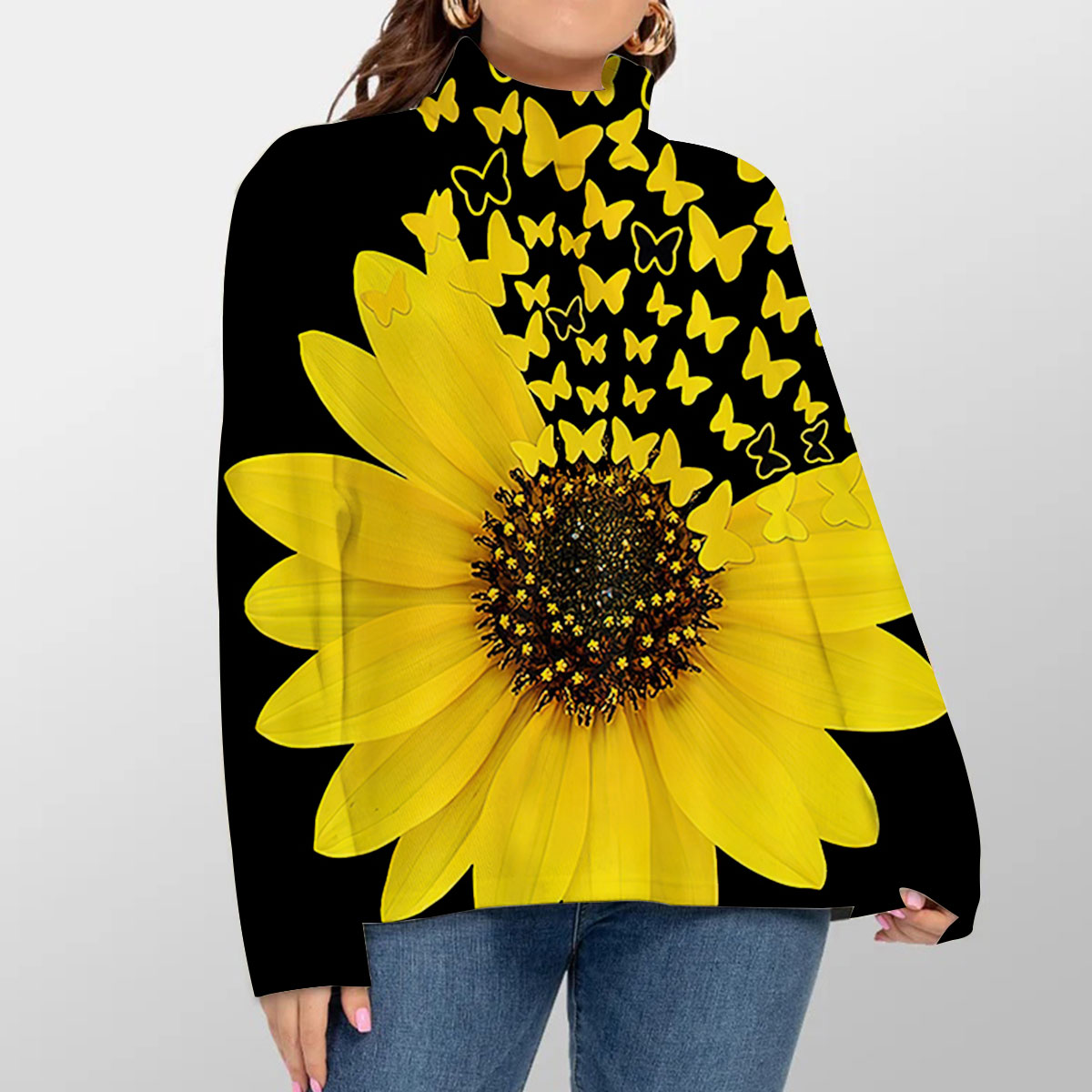 Butterfy And Nature Sunflower Turtleneck Sweater