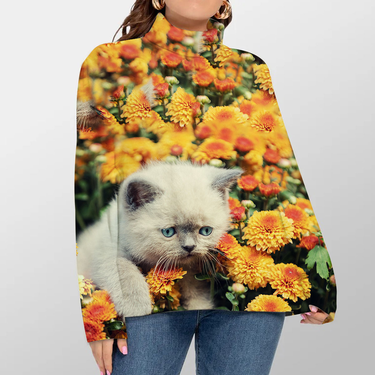 Cat And Flower Turtleneck Sweater