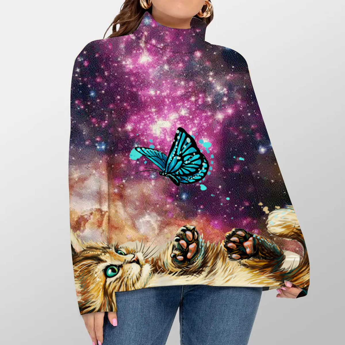 Cat With Butterfly Turtleneck Sweater