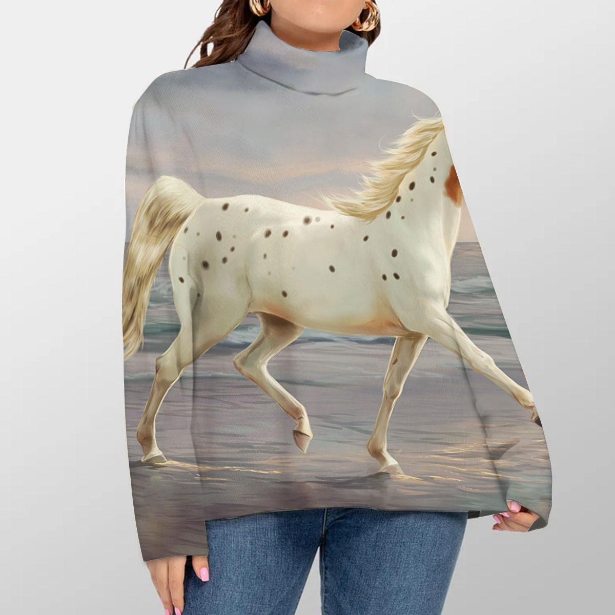 Classic White Horse Turtleneck Sweater