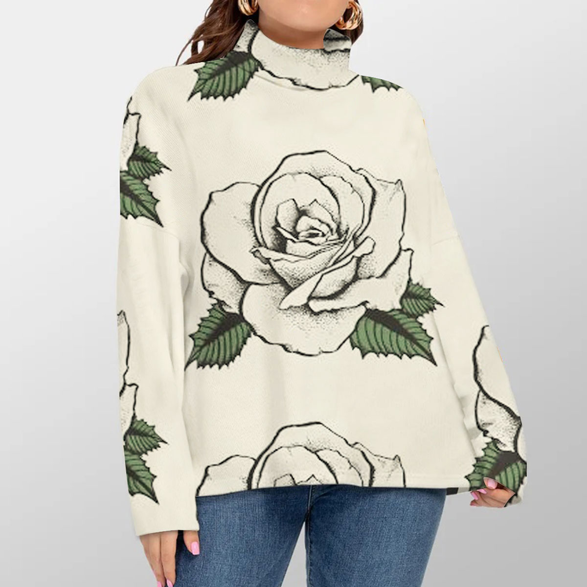 Classic White Rose Turtleneck Sweater
