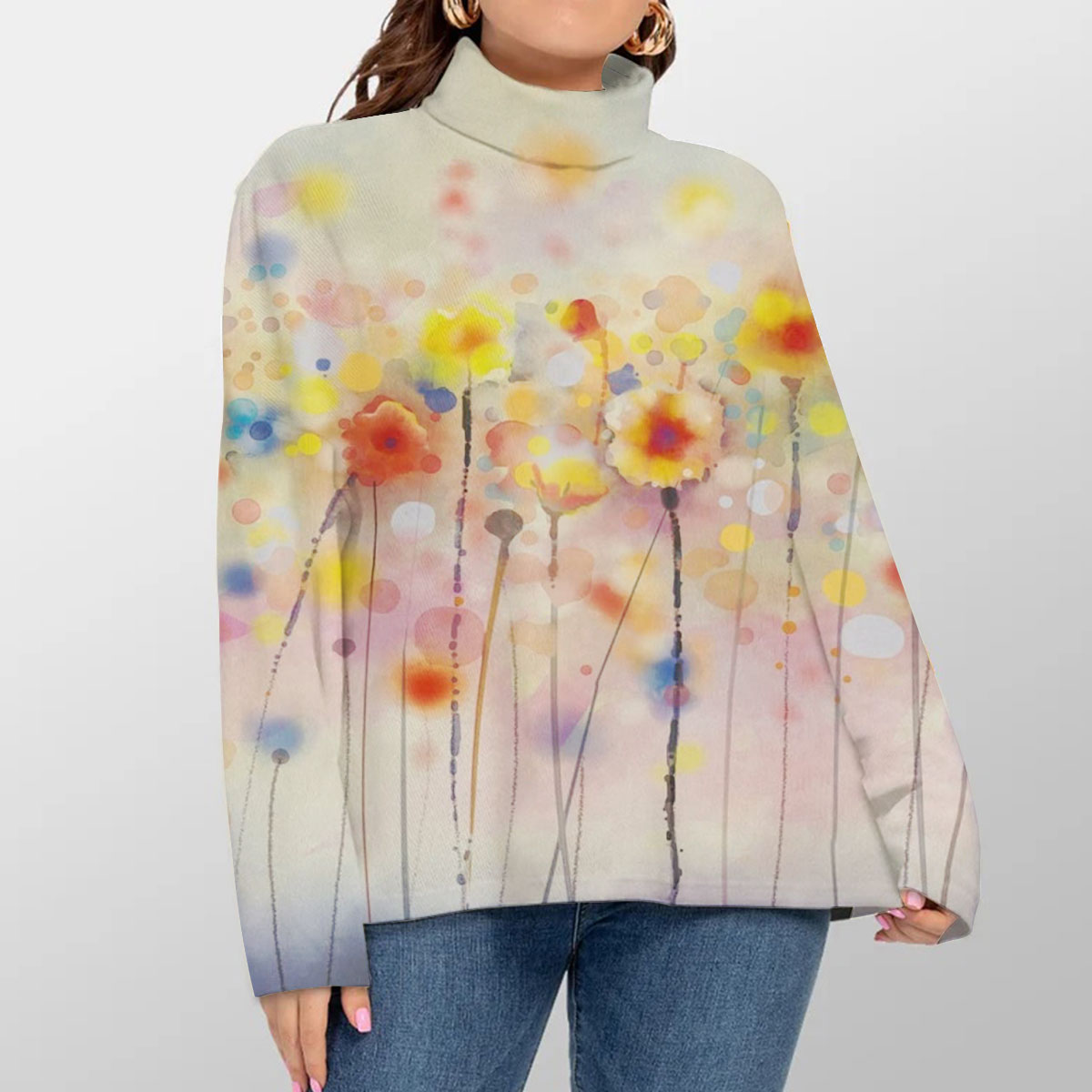 Color Dreamy Flower Turtleneck Sweater