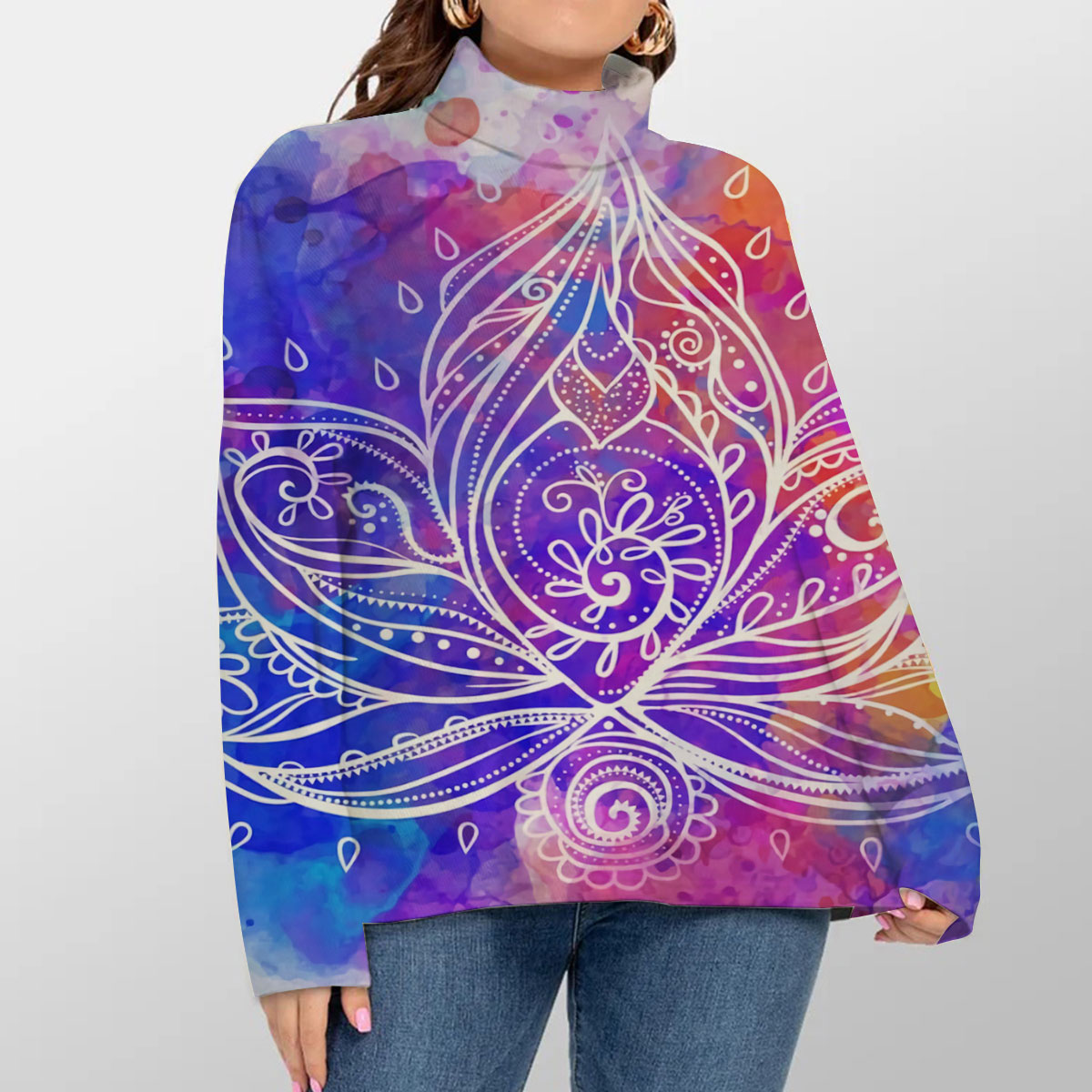 Colorful Boho Lotus Turtleneck Sweater