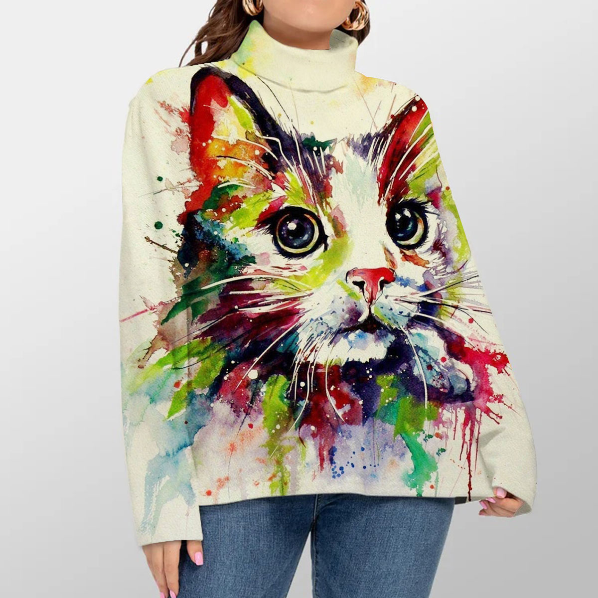 Colorful Cat Turtleneck Sweater