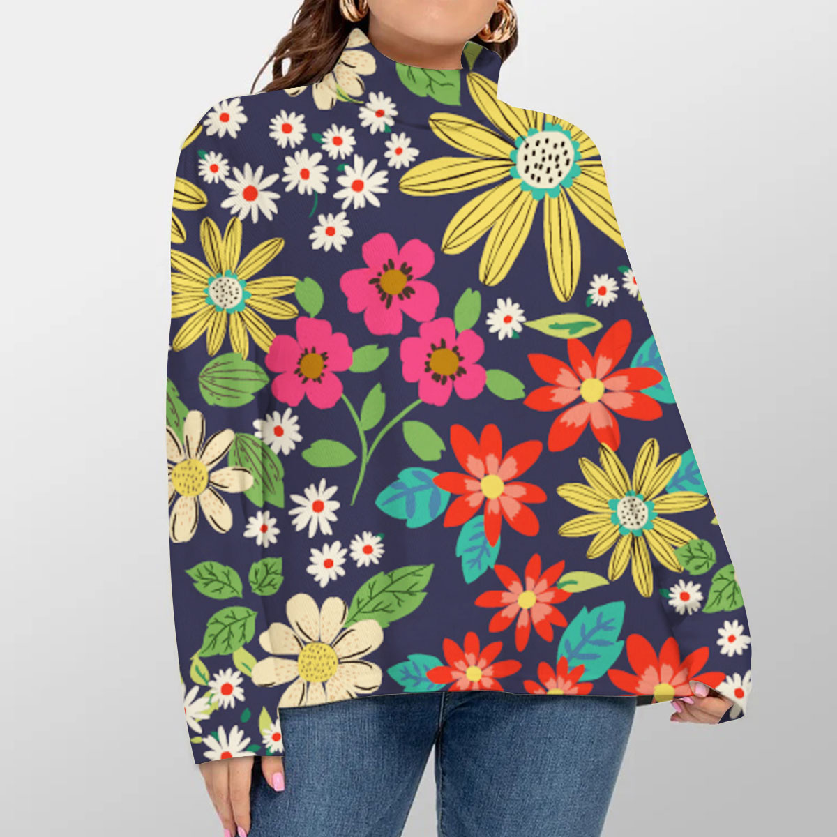Colorful Daisy Turtleneck Sweater